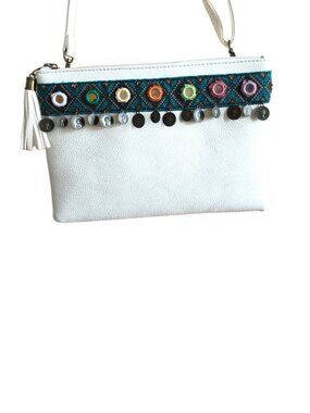 White Faux Leather Boho Coin Charm Crossbody Bag